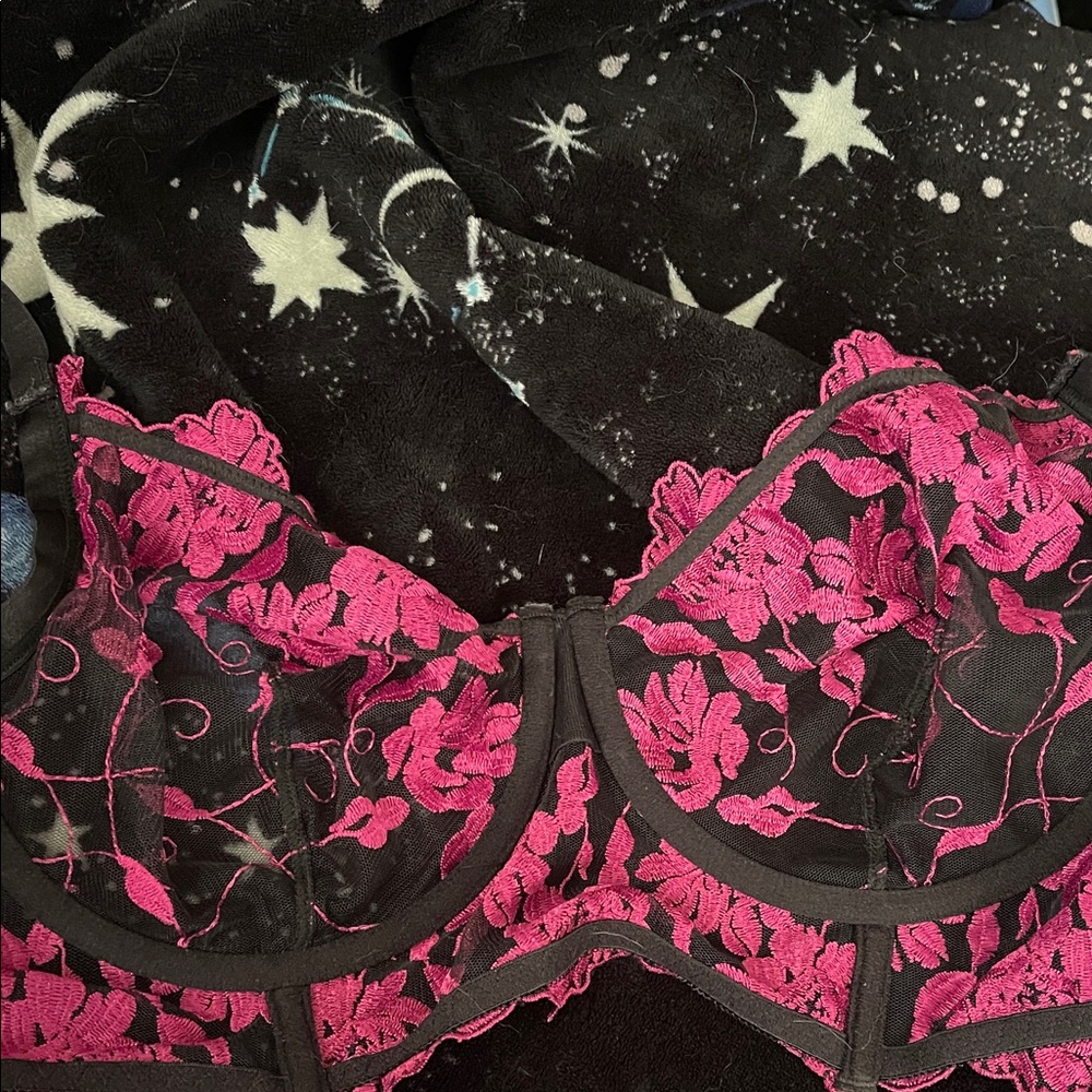 Chic Black and Pink Lace Bra